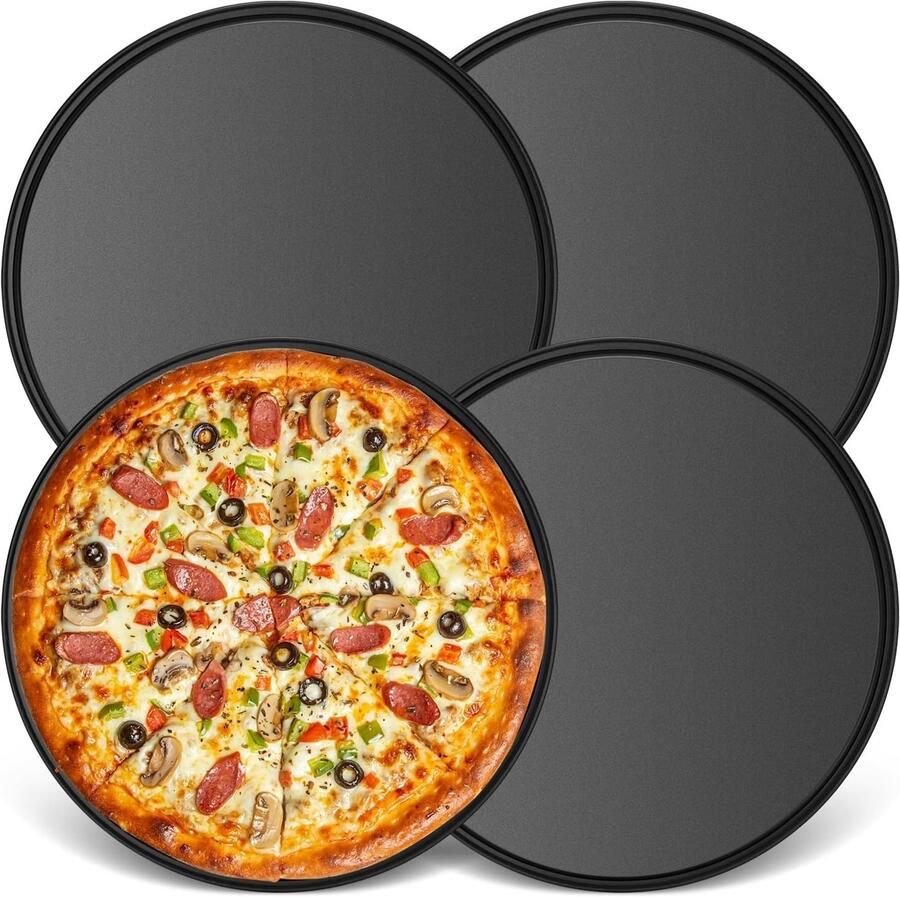 Ronde pizza borden set van 4 26 cm carbon staal met anti-aanbaklaag duurzaam en gezond voor perfect gebakken pizza's en gebak