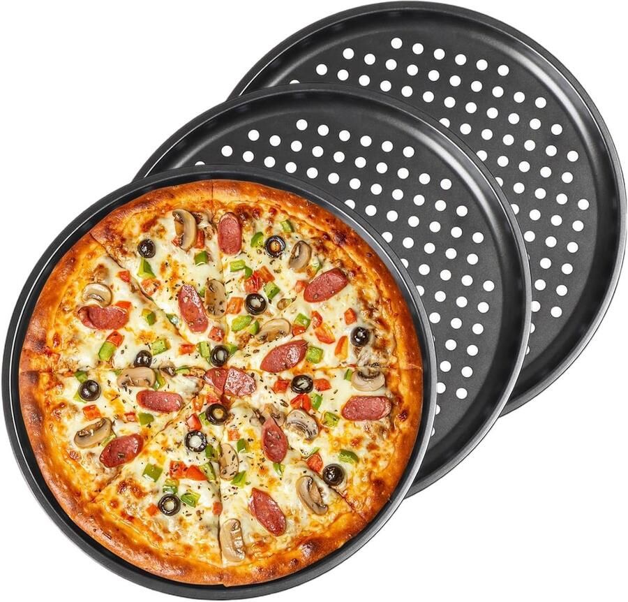 Ronde pizza- en taartschalen set van 3 stuks 32 cm met gaatjes voor optimale luchtcirculatie