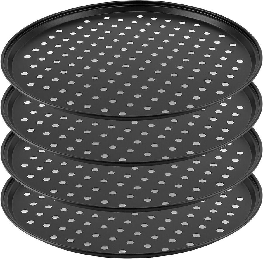 Ronde pizza plaat van 32 cm met anti-aanbaklaag en perforaties ideaal voor perfect gebakken pizza's en andere gerechten set van 4 stuks