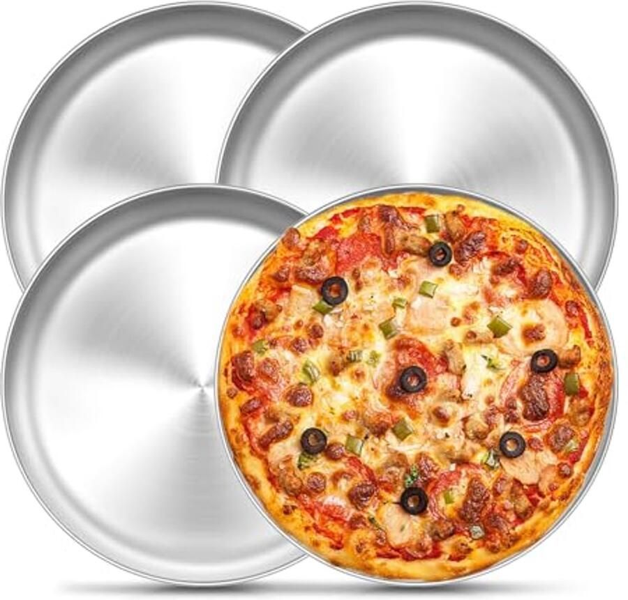 Ronde Pizza Plate Set van 4 – 30 cm Roestvrij Staal Voor Bakken en Serveren – Gezond en Vaatwasserbestendig