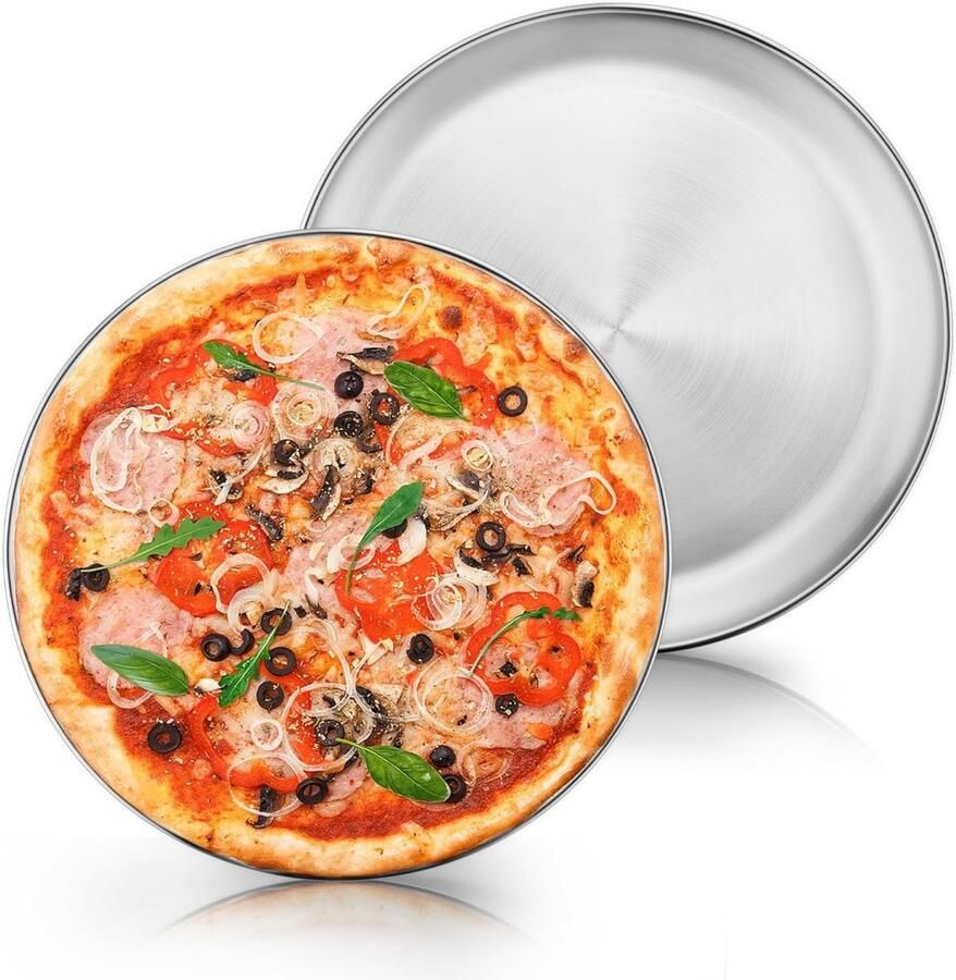 Ronde Pizza Plate van 30 cm Set van 2 Roestvrij Staal Perfect voor Bakken en Serveren van Pizza en Flammkuchen Gezond en Duurzaam Vaatwasserbestendig
