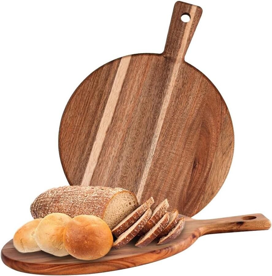 Ronde Pizza Platen van Acaciahout 30 cm Set van 2 Ideaal voor Pizza Focaccia en Brood Inclusief Handvat