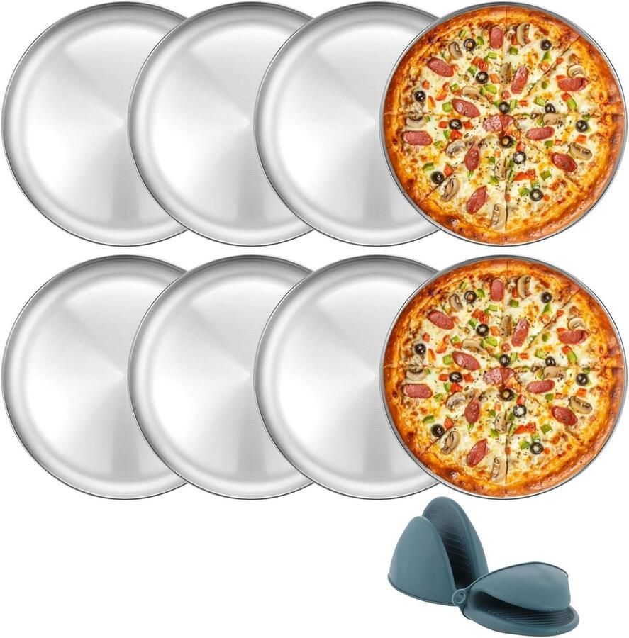 Ronde Pizza Schaal 30 cm met Siliconen Handschoenen Roestvrijstalen Bakplaat voor Oven 8-delige Set Makkelijk te Reinigen en Ideaal voor Thuis Pizza Bakken