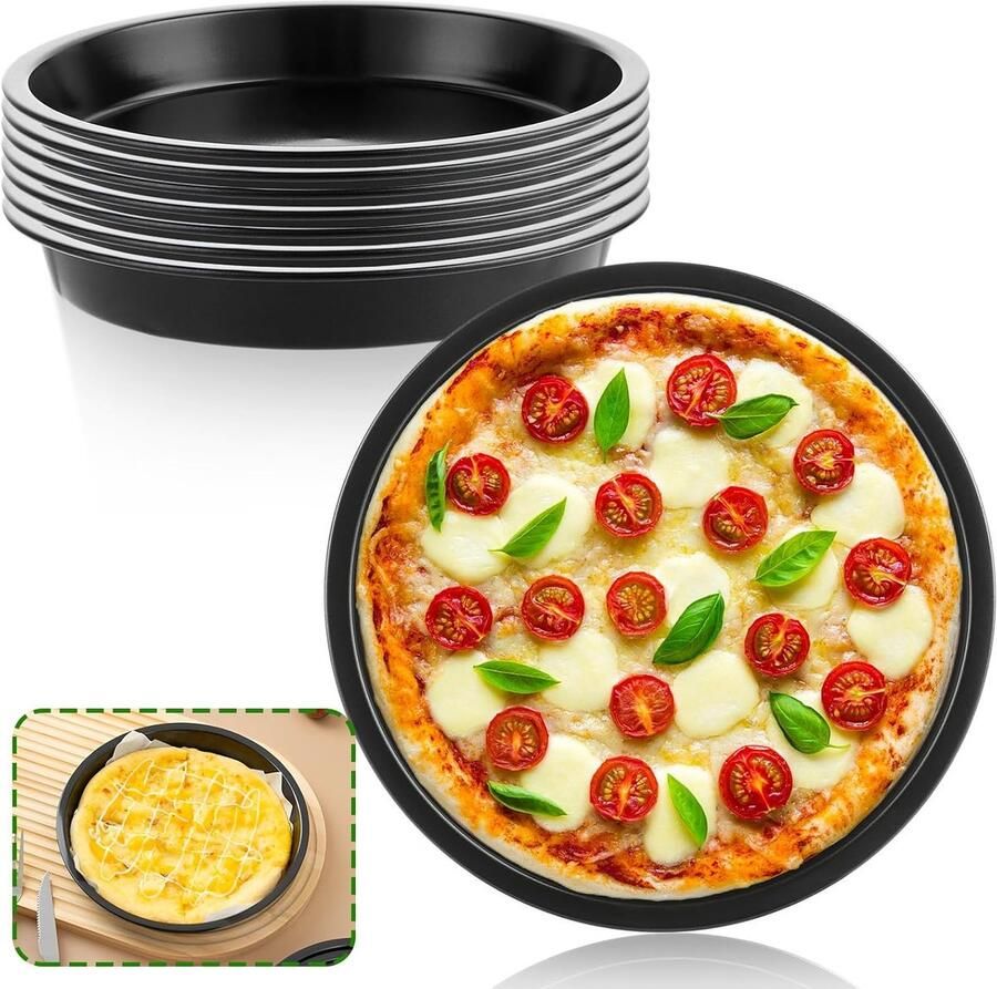 Ronde Pizza Schaal van RVS met Antiaanbaklaag 15 cm Perfect voor Pizza Taart en Quiche Set van 8 Stuks