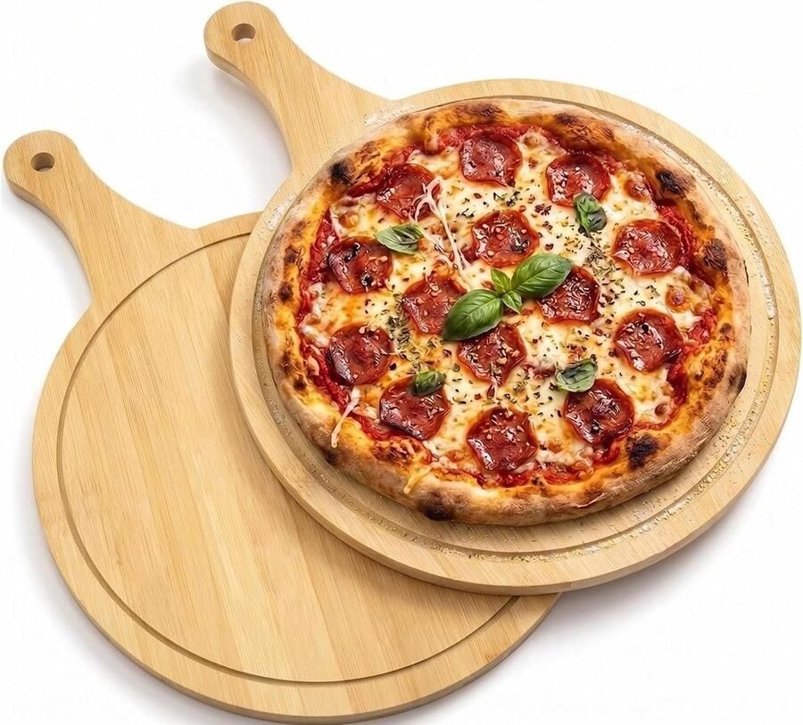 Ronde Pizza Schalen Set van 30 cm Houten Snijplank met Handvat Ideaal voor Pizza Brood en Kaas Serveren