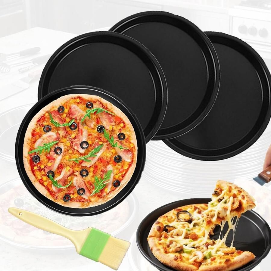 Ronde Pizza Schalen van RVS 16.5 cm Ideaal voor Pizza Koekjes en Brood met Oliekwasten Set van 4 Stuks