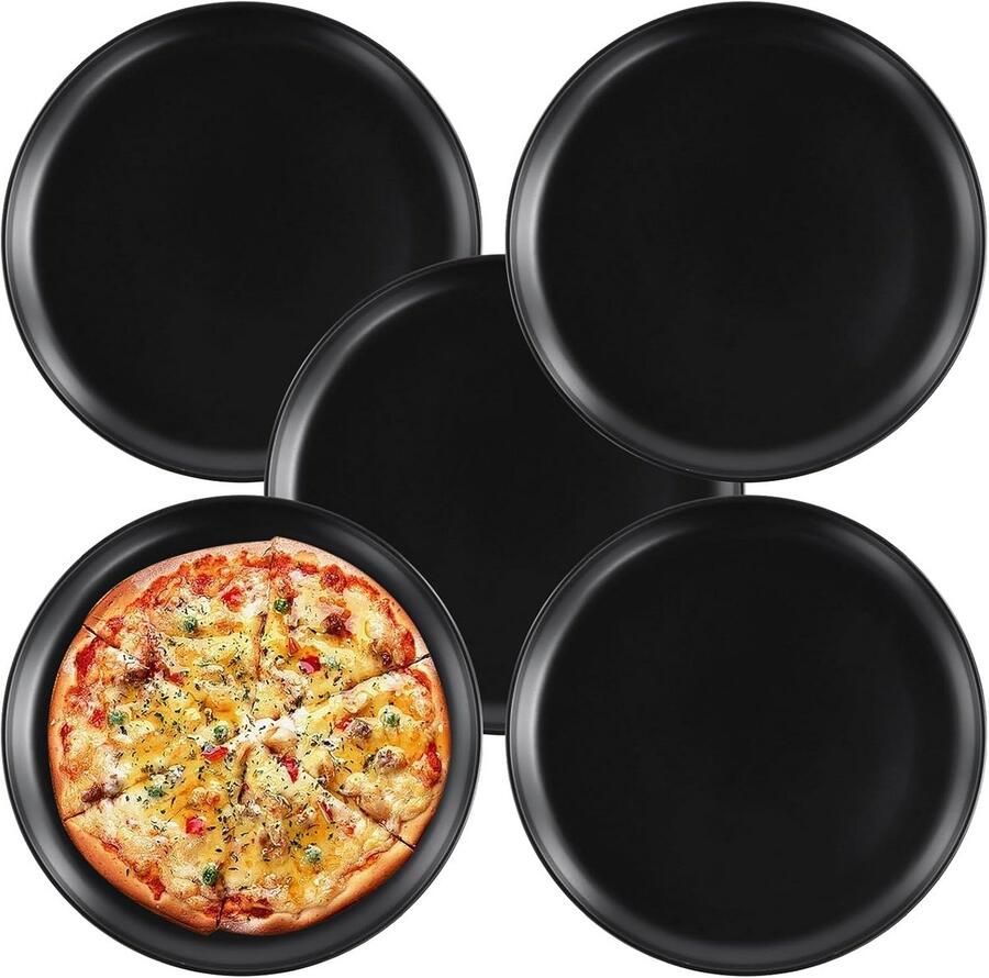 Ronde pizzaplaat 30 cm roestvrij staal zwart ovenplaat voor bakken en serveren set van 5 stuks