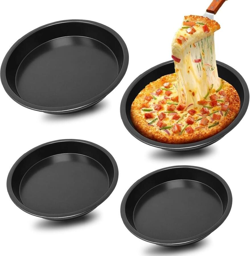 Ronde Pizzaplaat Set van 4 Diameter 16 18 cm Carbonstaal met Anti-aanbaklaag voor Perfecte Pizza's en Taarten