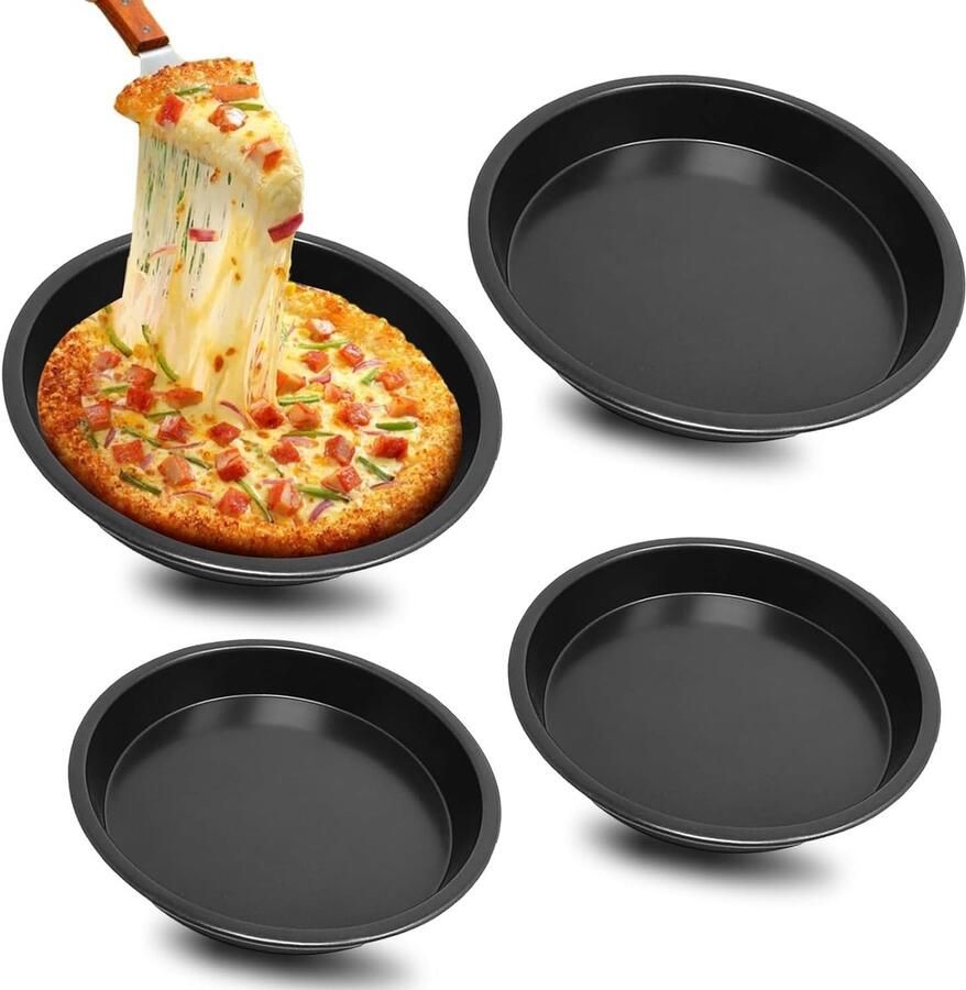 Ronde Pizzaplaat Set van 4 Diameter 16 18 cm Carbonstaal met Anti-aanbaklaag voor Perfecte Pizza's Taarten en Flammkuchen
