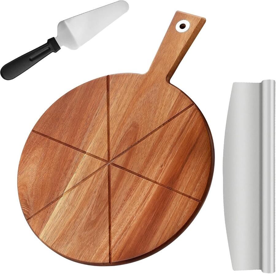 Ronde Pizzaschep van 30 cm met Snijder Acaciahouten Snijplank en Kaasplank voor Perfecte Pizza's en Kaasplankjes