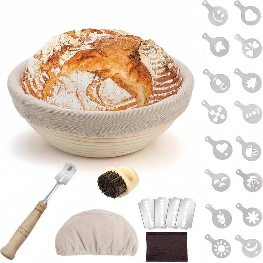 Ronde rijsmand 25 cm van natuurlijk rotan met linnen stof mes en borstel