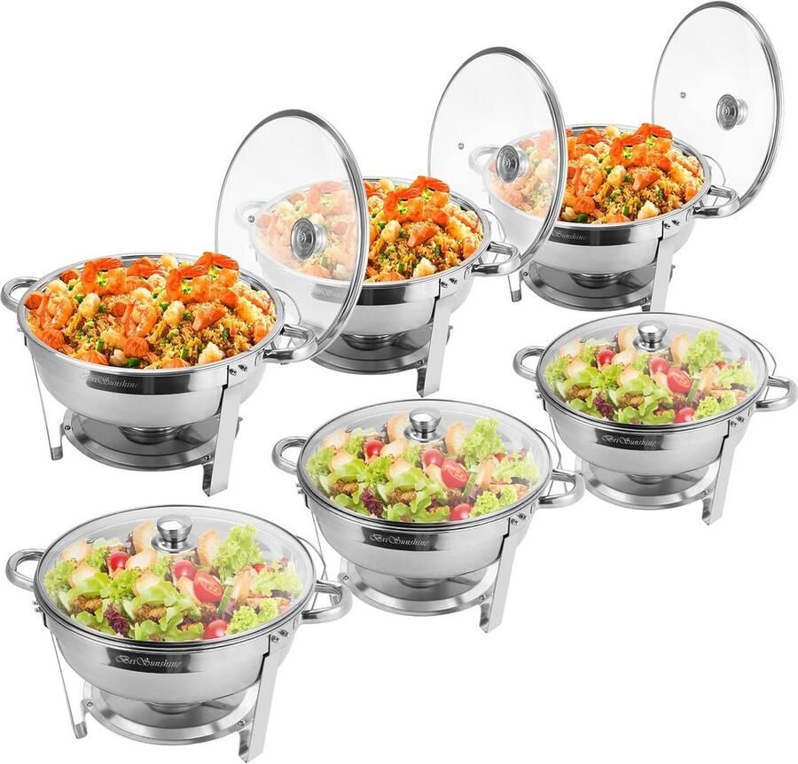 Ronde RVS Buffetwarmers Set 6 Delige Voedselwarmer Set met Glazen Deksel
