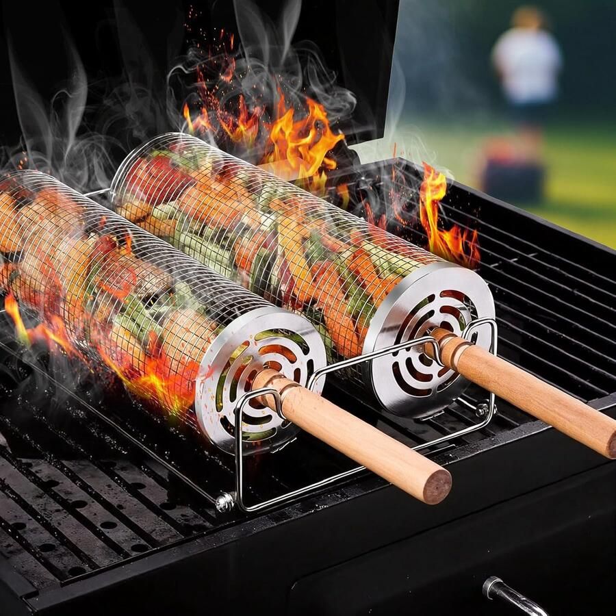 Ronde RVS Grillmanden (2 stuks) – Perfect voor Groenten Garnalen en Vis – 360° Draaibaar