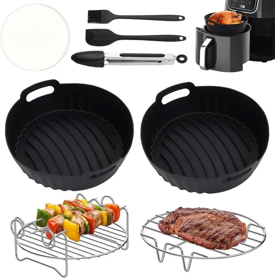 Ronde siliconen bakmatten voor heteluchtfriteuse set van 8 accessoires herbruikbare liners en rekken inclusief voedselclip olieborstel en spatel voor BBQ-gerechten