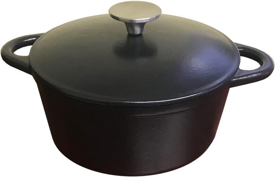 Ronde Stoofpan Braadpan Gietijzer Langzaam Koken Met RVS Knop 26 cm Mat Zwart