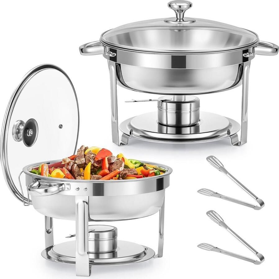 Ronde Voedselwarmer Buffet Set Feesten en Partijen Glazen Deksel 55 Liter Zilver