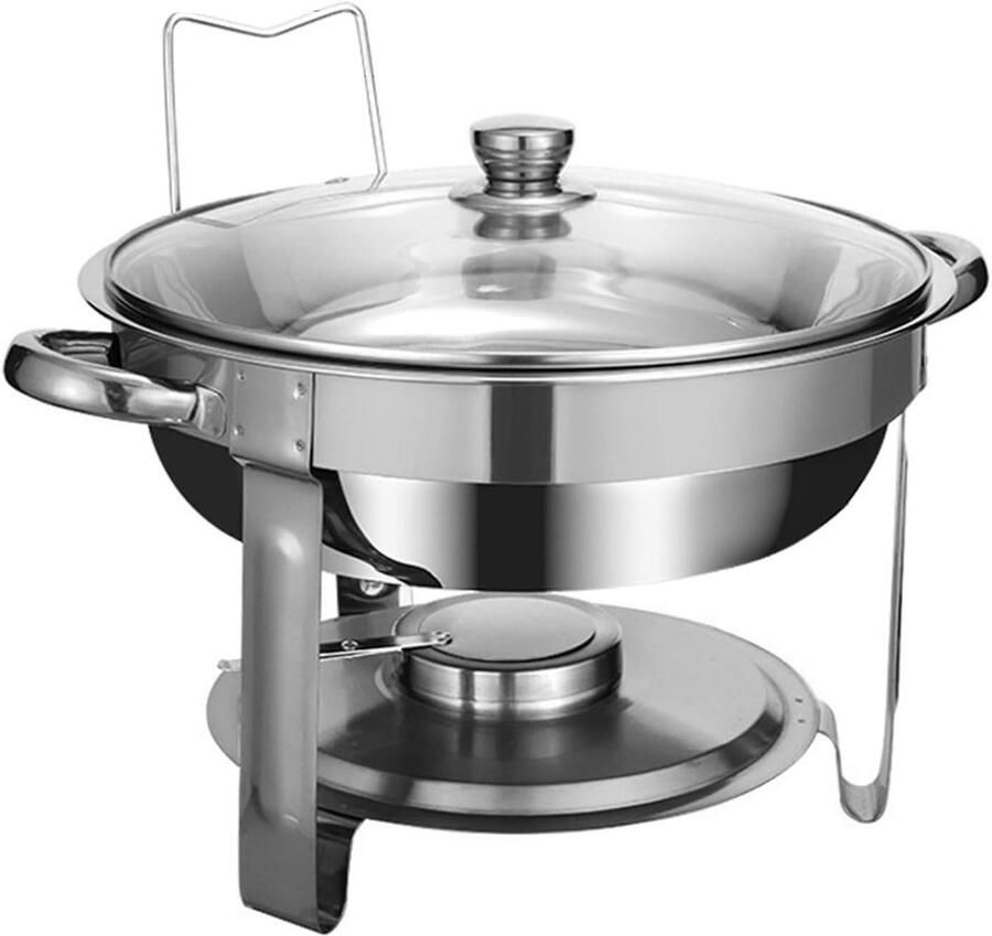 Ronde warmhoudpan Buffetset roestvrijstaal Gerechten warm houden Inclusief glazen deksel 339 cm diameter Zilver