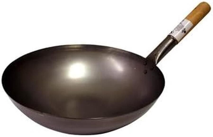 Ronde Wokpan IJzeren Wok Aziatisch Koken Houten Handvat 35 cm Metaal