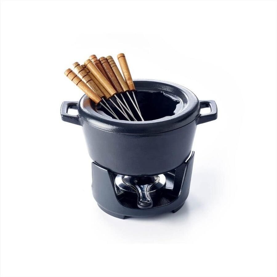 Ronde Zwarte Fondueset Gietijzer 2 Liter met 8 Vorken Fonduepan Geschikt voor Elektrisch en Gas
