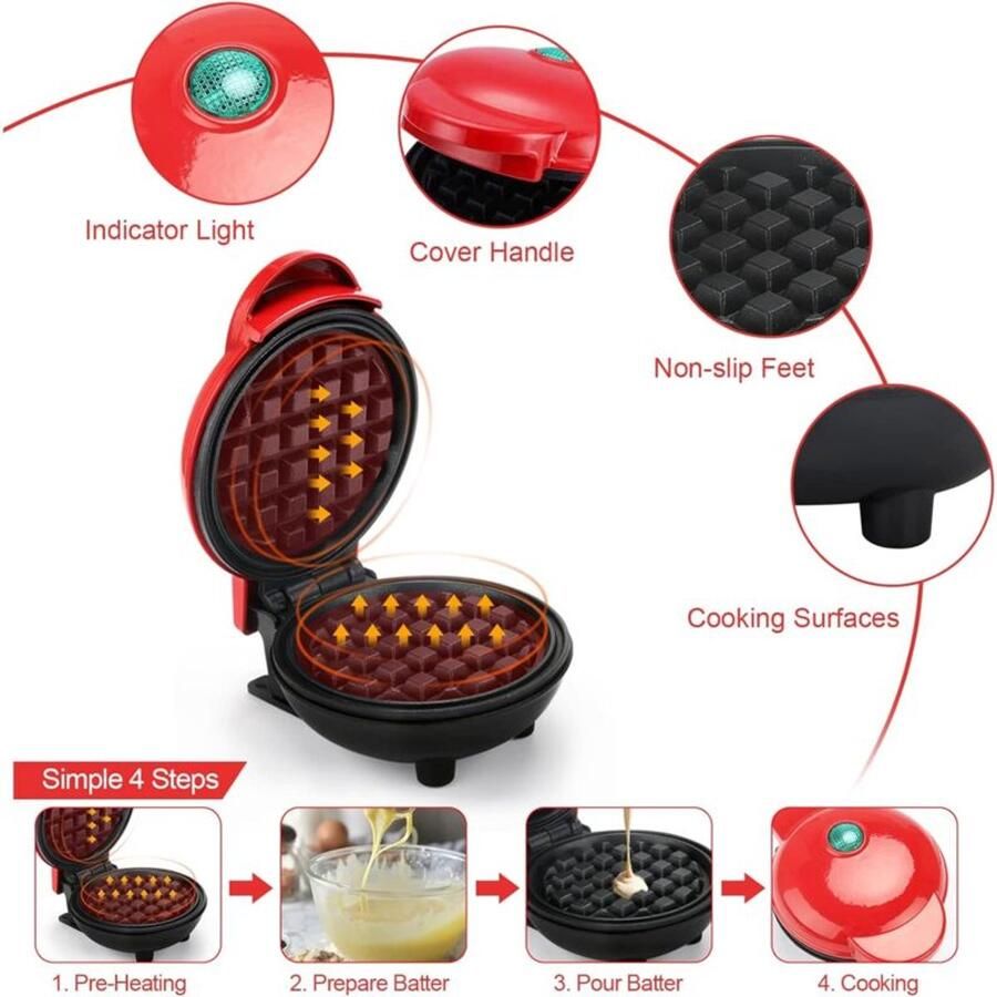(Rood) Mini ronde wafel- en pannenkoekenmaker ideaal als kerstcadeau voor Moederdag kinderfeestjes en andere familiebijeenkomsten