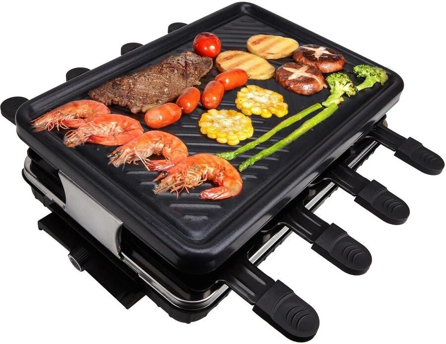 Rookloze Raclette Grill – Elektrische Grillplaat – 8 Mini Pannetjes – Groot Formaat 41 5 cm – 1300W Krachtig & Antiaanbaklaag Gourmetstel Feestdagen Kerst Gourmet