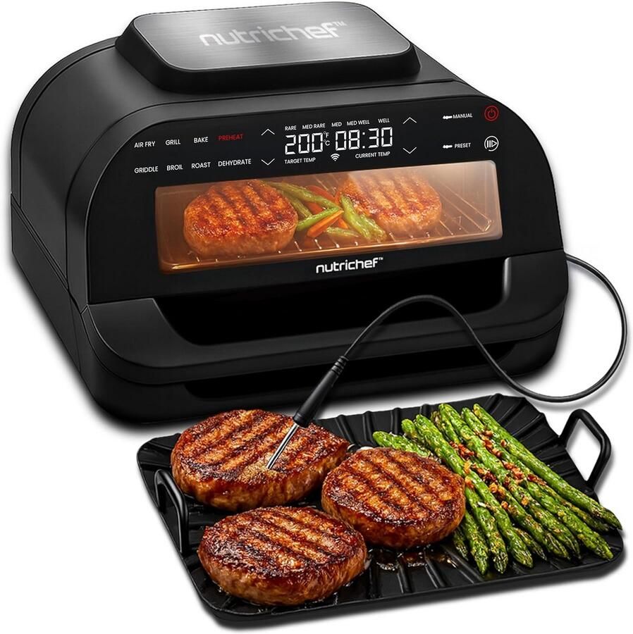 Rookvrije Binnen Grill met Hetelucht Frituurfunctie en Slimme Thermometer