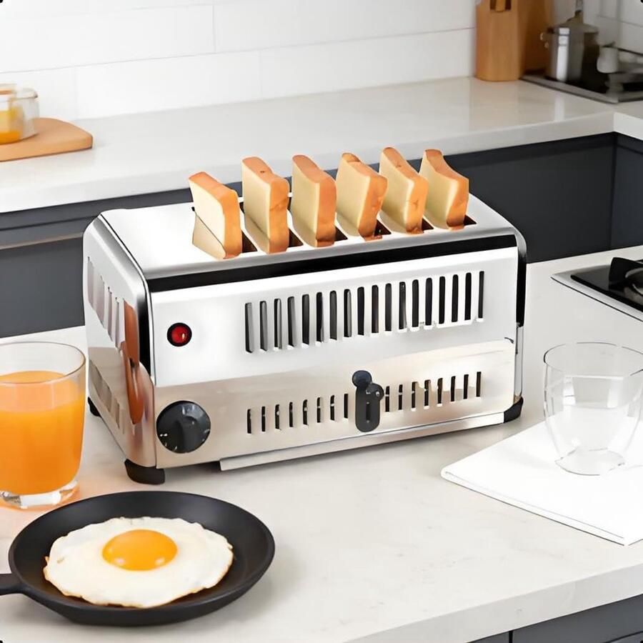 Rooster voor 6 Broden Broodrooster Keuken Snel Ontbijten Extra Brede Sleuven 6 Sleuven Zilver