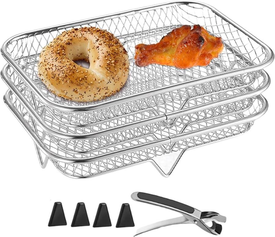 Rooster voor Airfryer Grillhouder Keukenrek Koken en Grillen Stapelbaar Roestvrij Staal 3 Stuks Zilverkleurig - Foto 1
