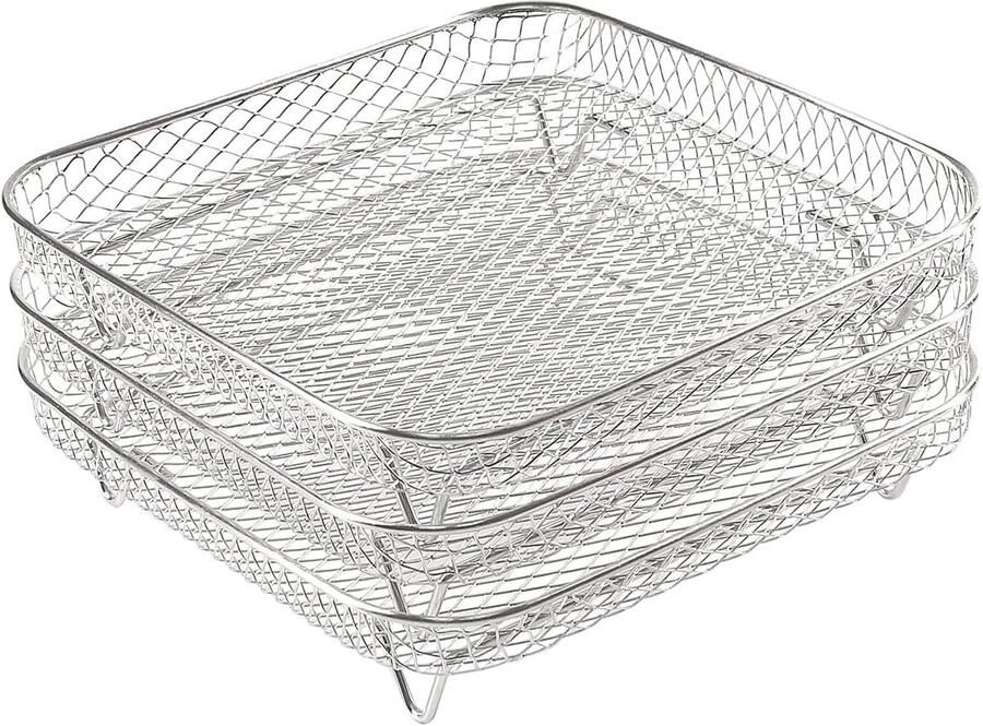 Rooster voor luchtfriteuse 3 lagen stapelbaar mand van roestvrij staal 304 voor droogmachine multifunctionele accessoires voor friteuses oven (20.5 x 20.5 x 8.5cm) gemakkelijk te reinigen