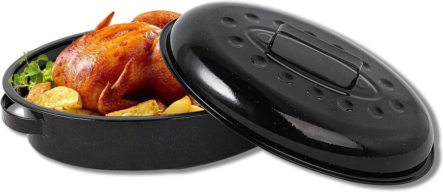 Roosteren Pan Oven Schaal Gevogelte Bereiden Inclusief Deksel 39.9 x 26.7 x 14.5 cm Zwart