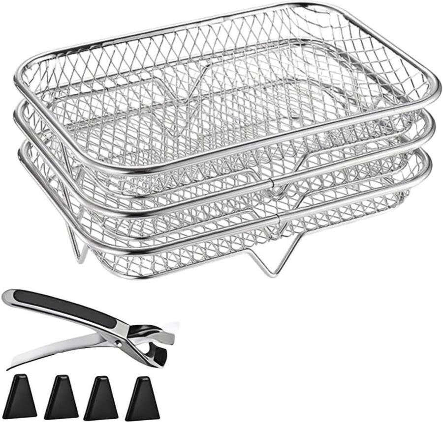 Roostermanden Set Stapelbare Manden Koken in Airfryer Meerdere Niveaus 3 Stuks Zilverkleurig