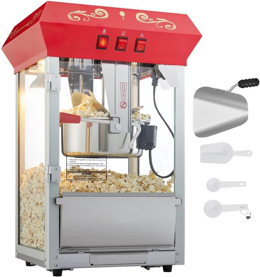 ROOTY Popcorn machine Popcornmaker Popcornmakers Rood Maakt 48 kopjes per batch 850W Met waterkoker Gehard glas
