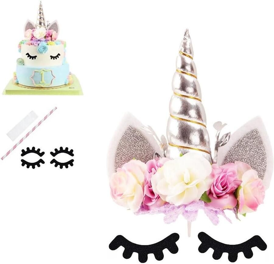 Rose Bloemen Eenhoorn Cake Topper Verjaardagsfeest Cake Decoratie (Zilver & Ivoor)