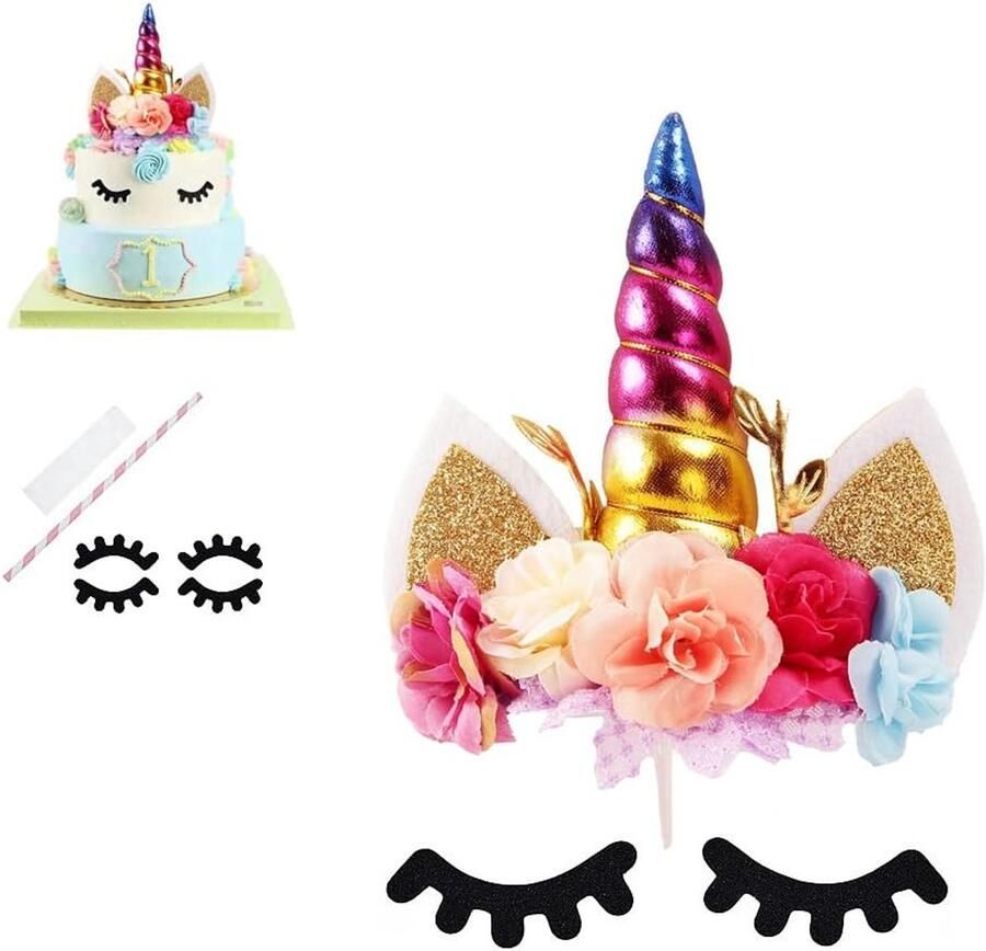 Rose Bloemen Eenhoorn Taart Topper Verjaardagsfeest Cake Decoratie (Regenboog)