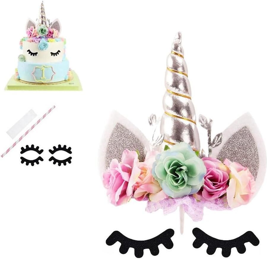 Rose Bloemen Eenhoorn Taart Topper Verjaardagsfeest Cake Decoratie (Zilver & Mint)