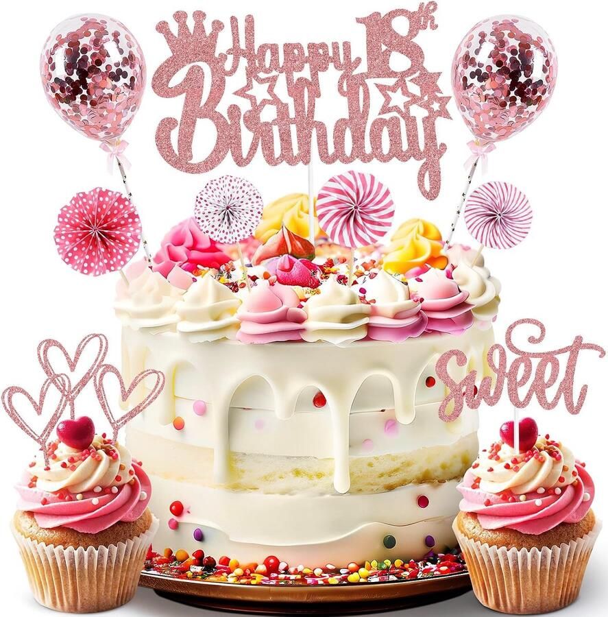 Roségoud 18 jaar meisjes jongens Happy 18e Birthday taarttopper glitter taarttopper confettiballonnen 18e verjaardagstaart decoratie verjaardag taartdecoratie