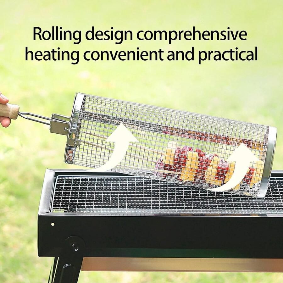 Roterende Grillmand BBQ Kooi Gelijkmatig Grillen Comfortabel Houten Handvat 354x1575 inch Zilverkleurig