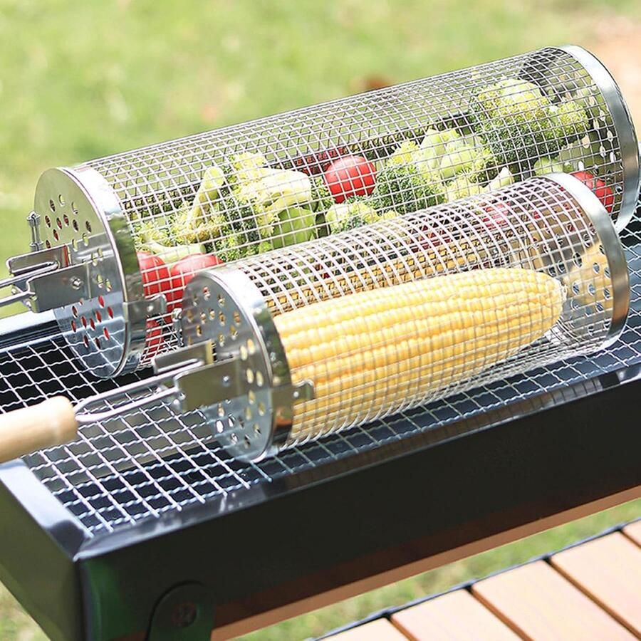 Roterende Grillmand BBQ Kooi Gelijkmatig Grillen Comfortabel Houten Handvat 354x1575 inch Zilverkleurig
