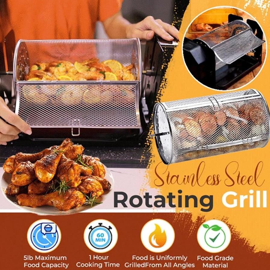 Roterende Grillmand Kippenvleugel mand Gelijkmatig Grillen Opwindbaar Mechanisme 18 x 12 x 12 cm Zilver