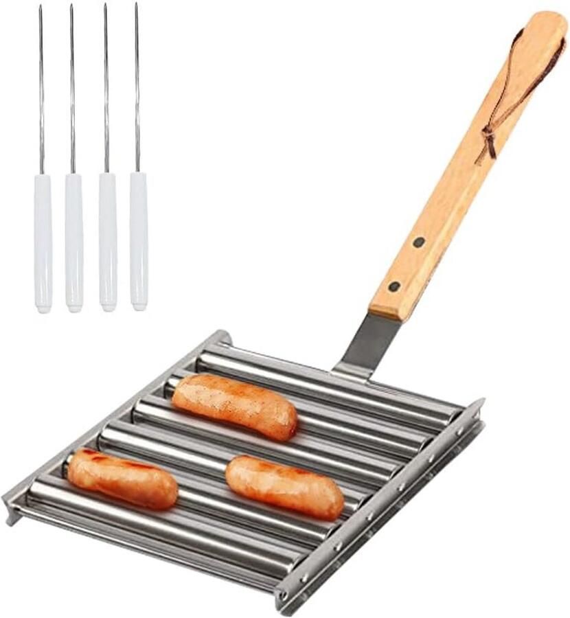Roterende Hotdog Grill voor 5 Worsten RVS BBQ Worstrolhouder met Houten Handvat