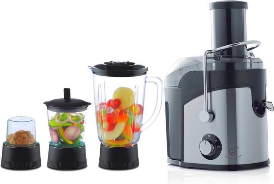 Royal Swiss 4 in 1 Juicer + blender + chopper + koffiemolen Sapcentrifuge Met Blender Powerjuicer RVS + Hakmolen en Koffiemolen