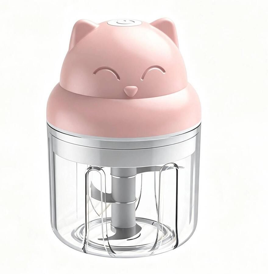 Roze 23W elektrische voedselhakmachine met schattig kattenontwerp USB-oplaadbare mini voedselprocessor van 250 ml uitgerust met stalen messen geschikt voor knoflook peper kruiden en andere ingrediënten veilig voor kinderen