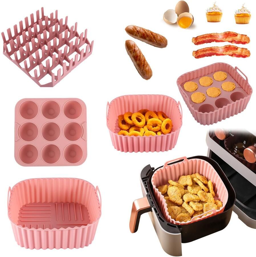 Roze driedelige set vierkante airfryer siliconen bakplaatset hotdog- en spekgrillrek hittebestendige cake- en geleivormen