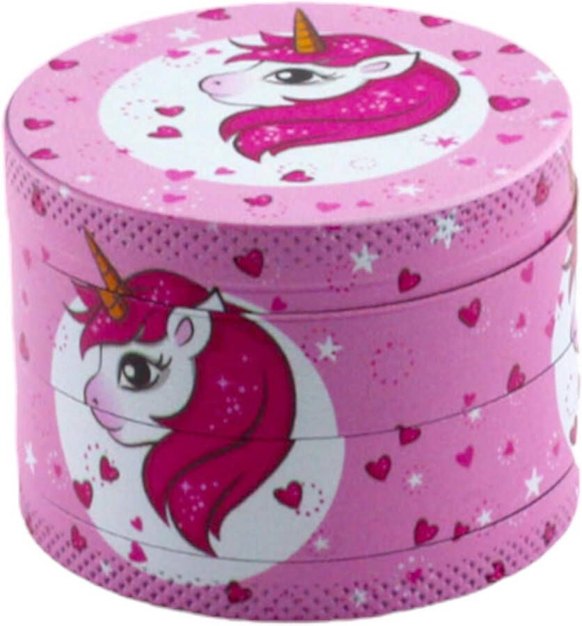 Roze kruidenmolen met eenhoorn-design 50 mm 4-delig met zeef voor specerijen pijnboompitten en chilipepers