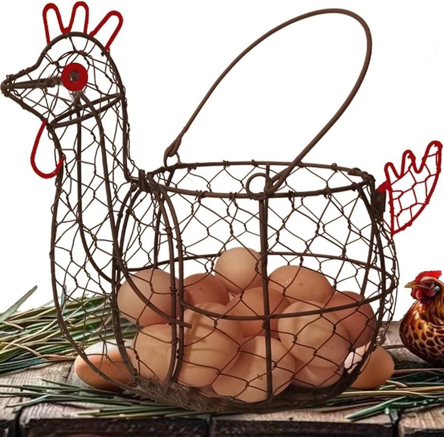 Eier Mand Kip Rooster Mand Eieren Verzamelen Rustieke Stijl 31.8 x 25.5 x 16.5cm Roestkleurig