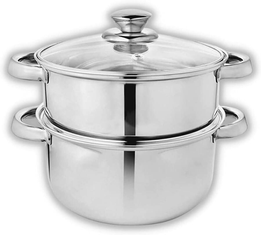 RVS 2-Laags Stoompan Set met Glazen Deksel Inductie Geschikt 20 5 cm