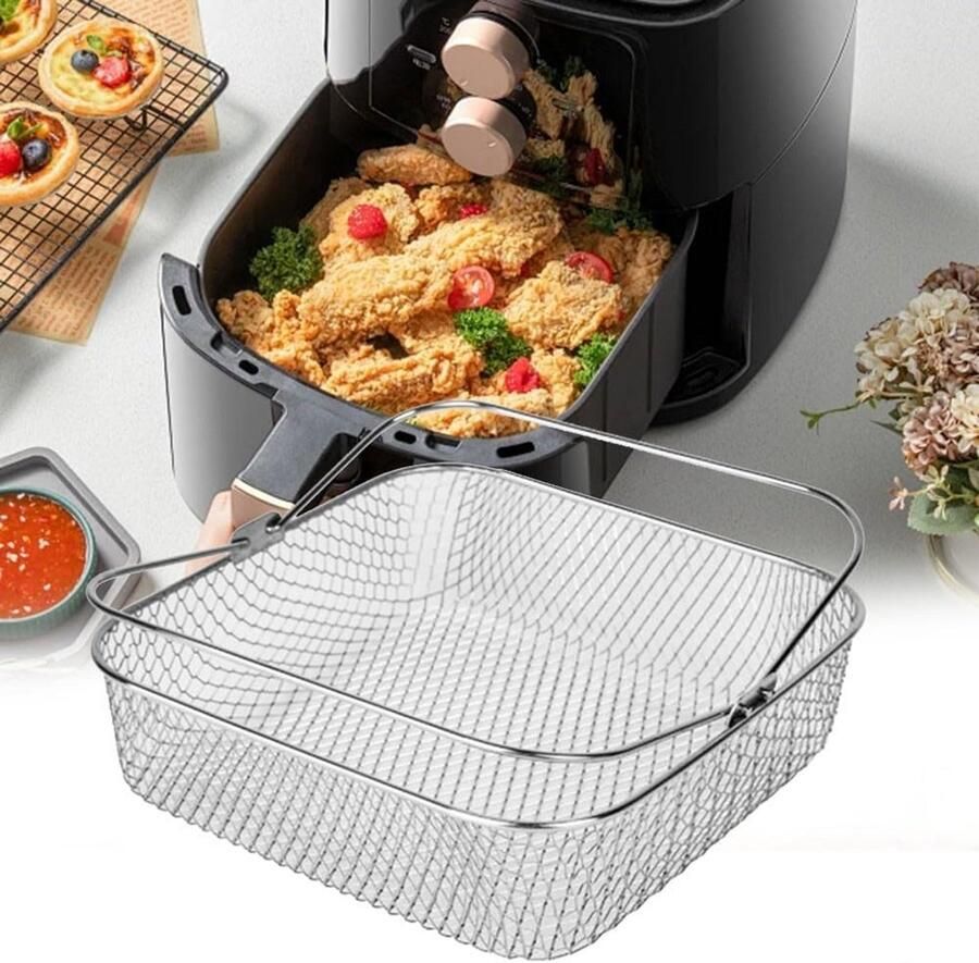 RVS Airfryer Mand Vierkant Accessoire met Hendel Ovenrooster & Stoommand