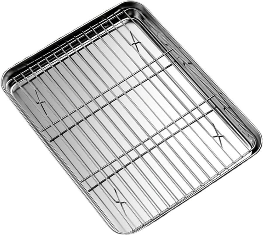 RVS Bakplaat met Rooster Ovenplaat Koekjesplaat Bakken en Roosteren Sterke Roestvrij Staal Constructie 26.5x20.5cm Zilver