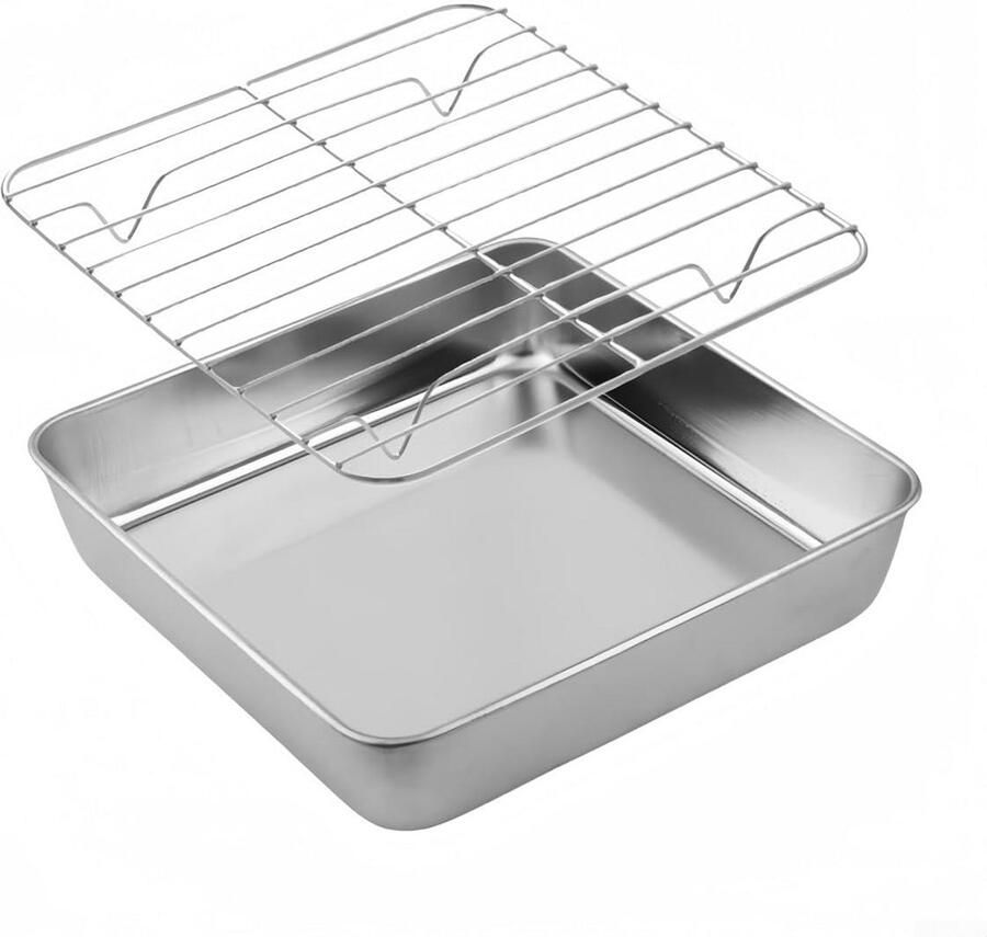 RVS Bakplaat met Rooster Ovenplaat Koelrek Bakken en Braden Vaatwasmachinebestendig 24x24x4 cm Zilver