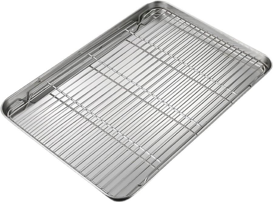 RVS Bakplaat Metalen Ovenplaat Bakken en Grillen Inclusief Koelrek 23x17x3 cm Zilverkleurig